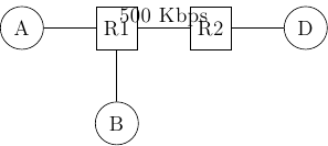 \tikzset{router/.style = {rectangle, draw, text centered, minimum height=2em}, }
 \tikzset{host/.style = {circle, draw, text centered, minimum height=2em}, }
 \node[router] (R1) {R1};
 \node[router, right=of R1] (R2) {R2};
 \node[host, left=of R1] (A) {A};
 \node[host, below=of R1] (B) {B};
 \node[host, right=of R2] (D) {D};

 \path[draw,thick]
 (R1) edge node [align=center] {500 Kbps\\} (R2)
 (A) edge (R1)
 (B) edge (R1)
 (R2) edge (D);